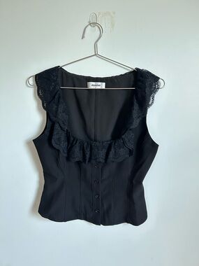 Danielle Guizio Black Lace Ruffle Sleeveless Blouse